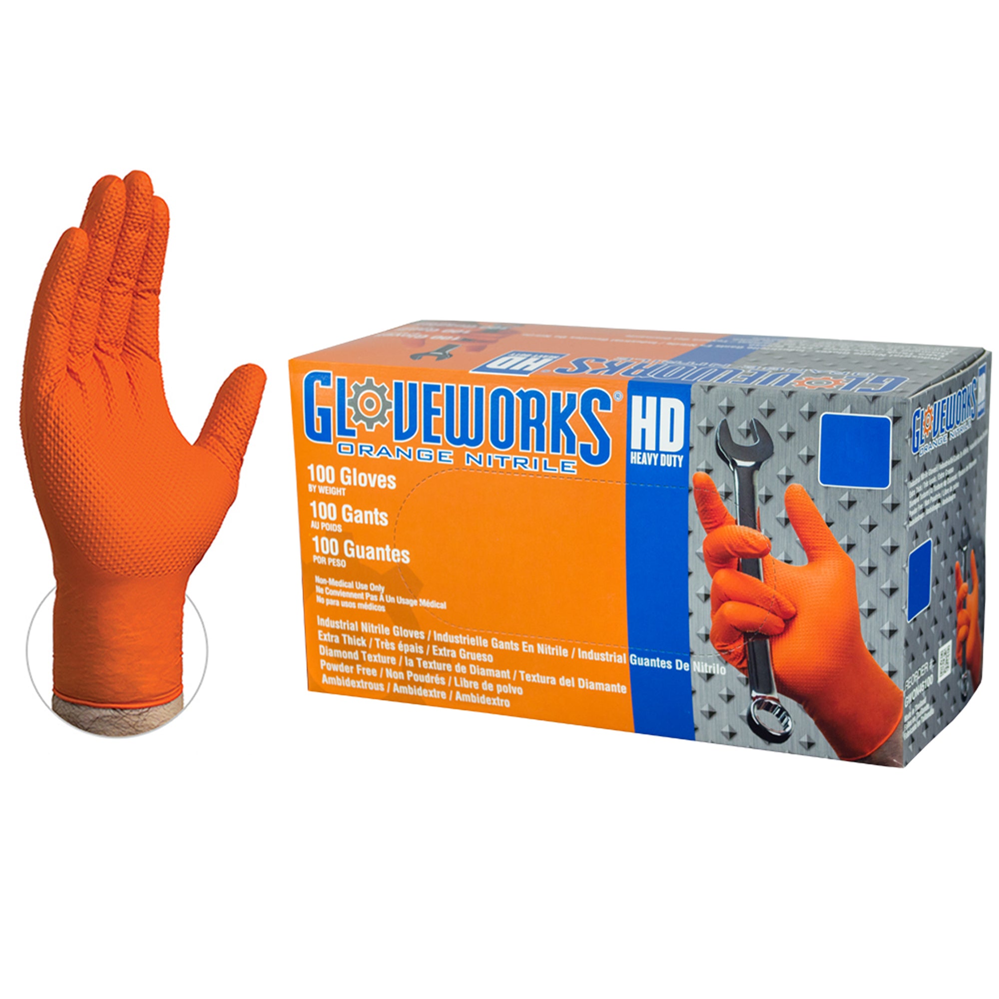 Gloveworks HD Orange Nitrile Industrial Disposable Gloves, 8 mil, Latex-Free, Raised Diamond Texture, Small, 2 Boxes of 100