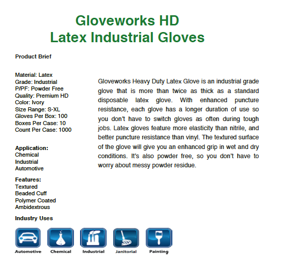 Gloveworks Ivory Latex Industrial Powder Free, Large, case/1000