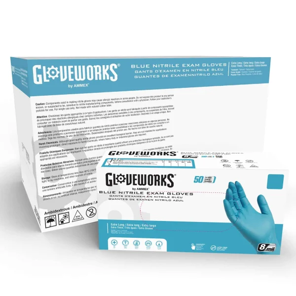 Gloveworks Exam Blue Nitrile Gloves - Heavy Duty, Extended Cuff, Medical Grade - Image 3