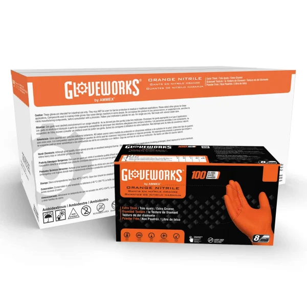 Gloveworks Industrial Orange Raised Diamond Texture Nitrile Gloves - 8 Mil - Image 3