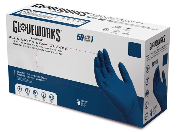 Gloveworks Exam Blue Latex Gloves - 13 Mil, Extended Cuff, Medical Grade - Image 2