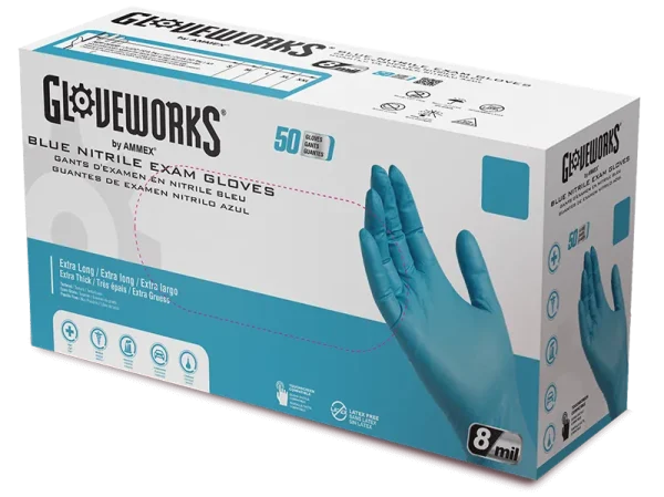 Gloveworks Exam Blue Nitrile Gloves - Heavy Duty, Extended Cuff, Medical Grade - Image 2