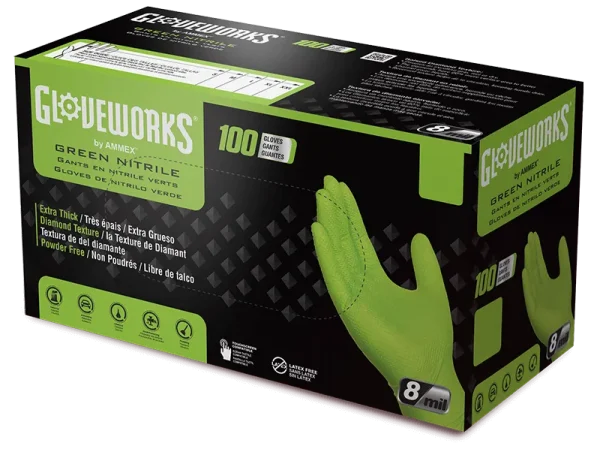 Gloveworks Industrial Green Raised Diamond Texture Nitrile Gloves - 8 Mil - Image 2