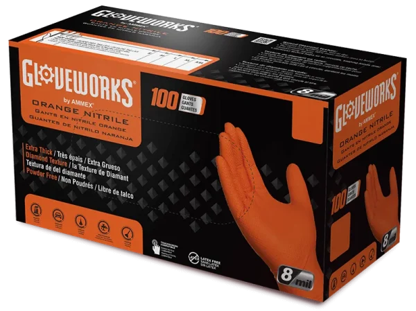Gloveworks Industrial Orange Raised Diamond Texture Nitrile Gloves - 8 Mil - Image 2