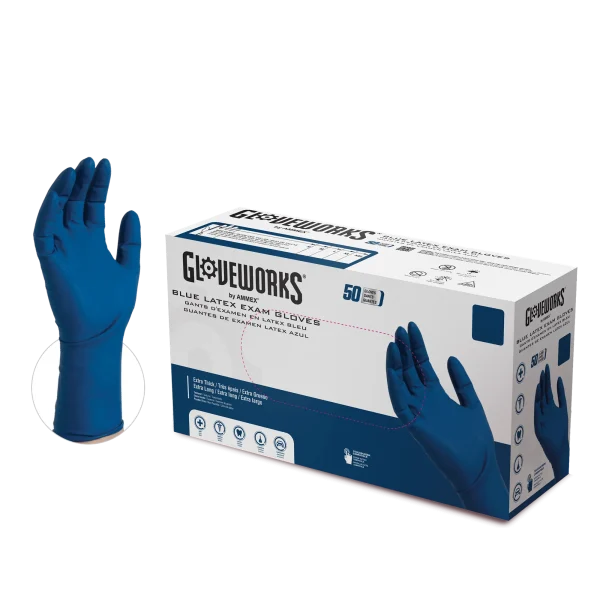 Gloveworks Exam Blue Latex Gloves - 13 Mil, Extended Cuff, Medical Grade