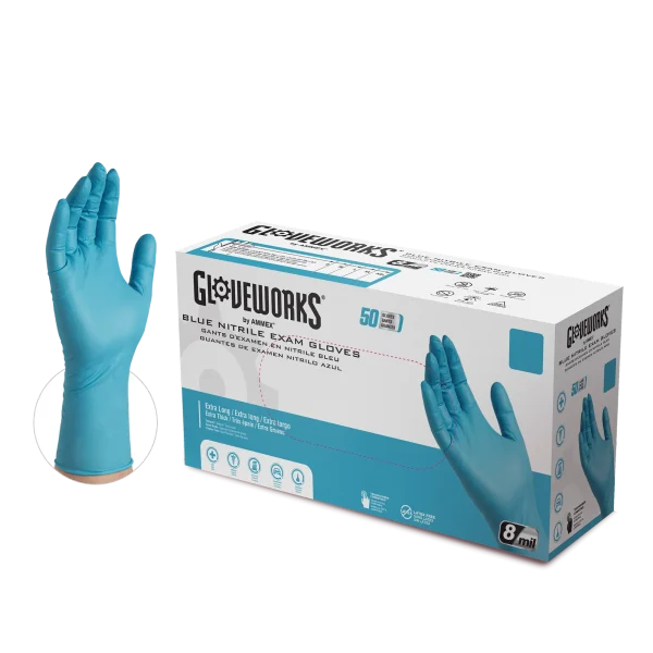 Gloveworks Exam Blue Nitrile Gloves - Heavy Duty, Extended Cuff, Medical Grade