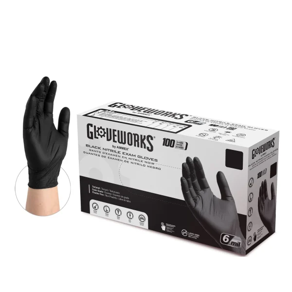 Gloveworks Exam Black Nitrile Gloves - Fentanyl Tested, Textured Grip, Medical Grade
