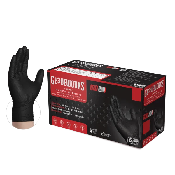 Gloveworks Industrial Black Raised Diamond Texture Nitrile Gloves - 6 Mil
