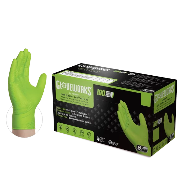 Gloveworks Industrial Green Raised Diamond Texture Nitrile Gloves - 8 Mil