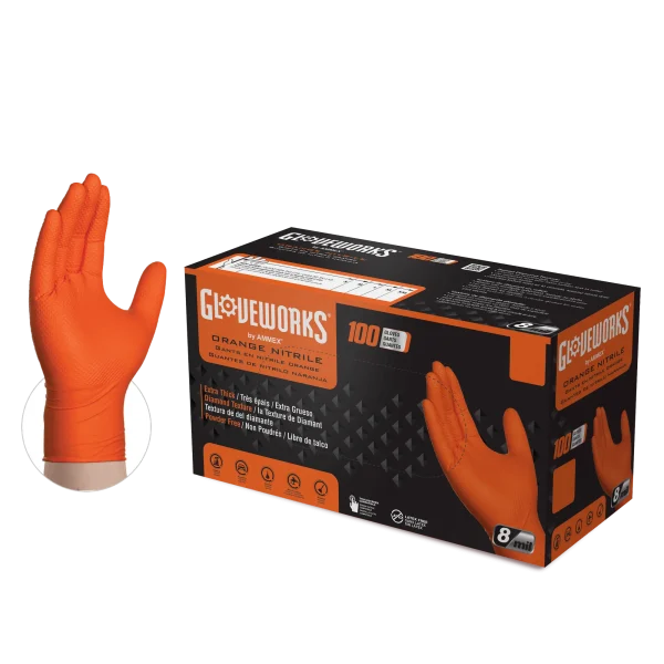 Gloveworks Industrial Orange Raised Diamond Texture Nitrile Gloves - 8 Mil