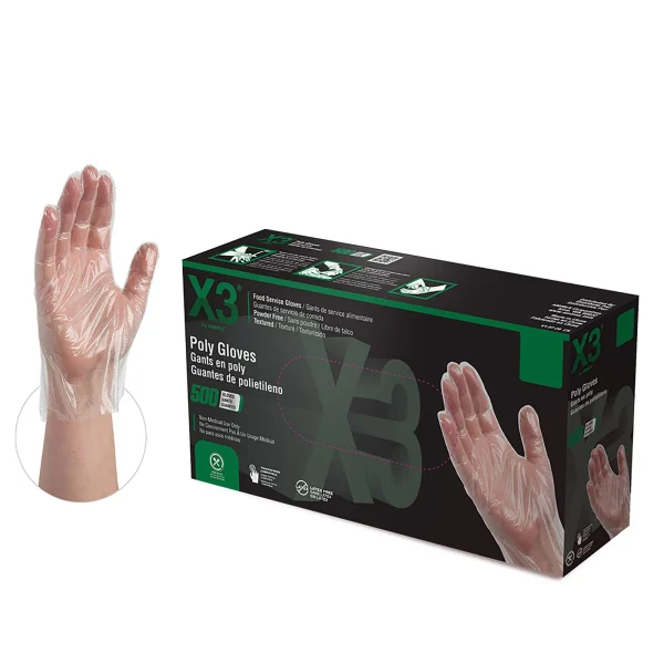 X3 Industrial Clear Poly Disposable Gloves - Embossed, Food Service Ready